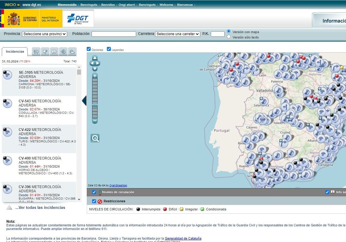 El mapa de la DGT destaca numerosos incidentes en las carreteras