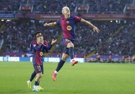 Dani Olmo celebra su segundo gol al Espanyol.