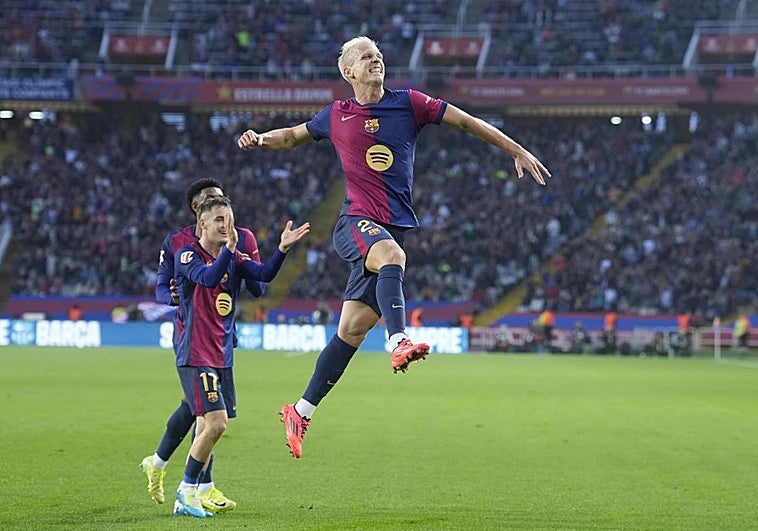 Dani Olmo celebra su segundo gol al Espanyol.