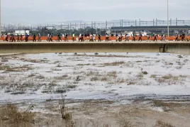 Voluntarios cruzan el río Turia desde Valencia en dirección a Paiporta.