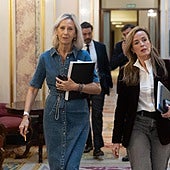 La diputada por el PP, Marta González Vázquez y la diputada por el PP, Carmen Navarro Lacoba, a su llegada a la comisión consultiva