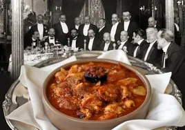 Plato de callos del restaurante Lhardy (Madrid) y banquete de 1910 en el mismo establecimiento.