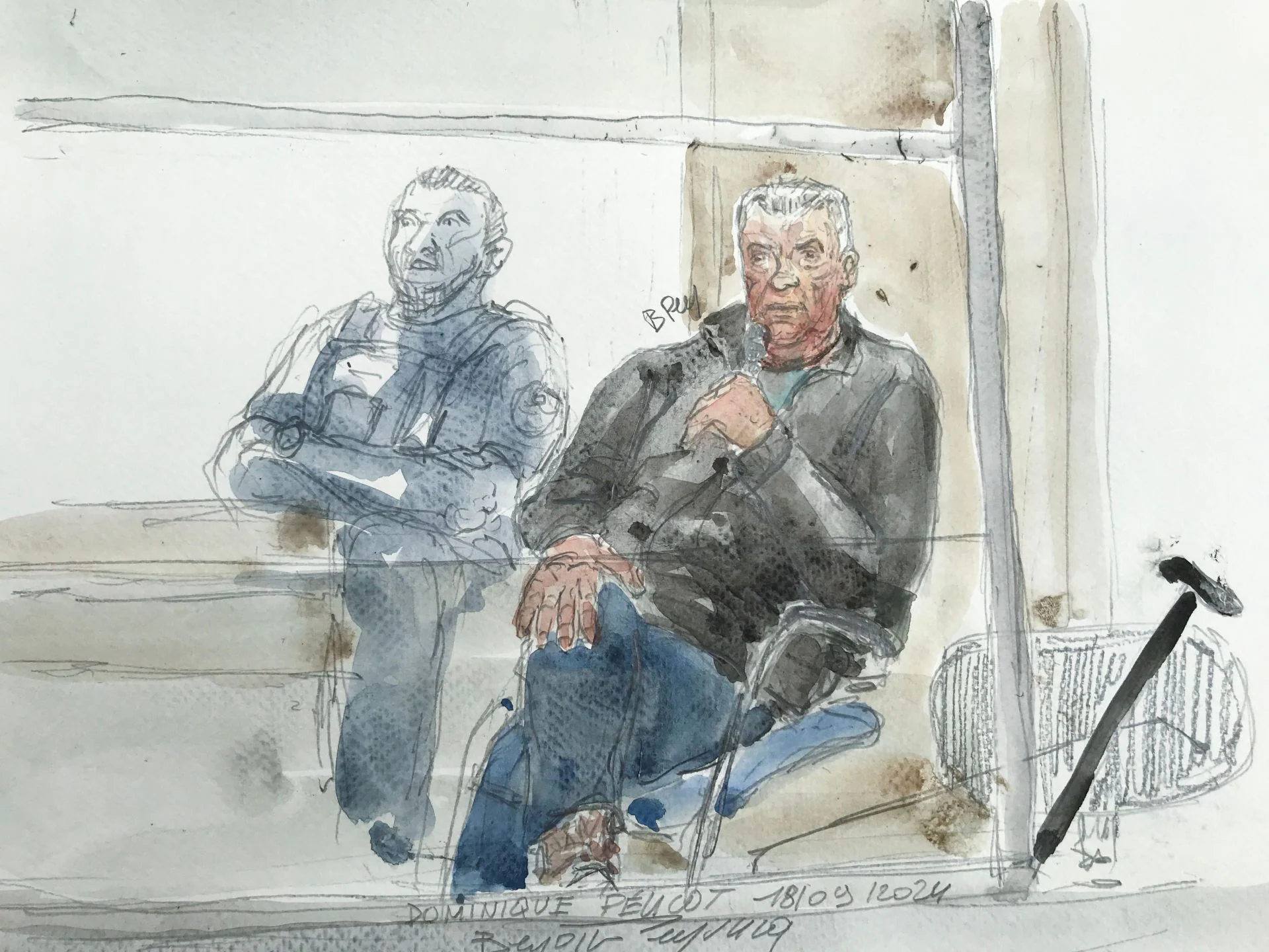 Dibujo de Pelicot en el juicio, ya que en Francia está prohibido sacar imágenes durante la vista oral.