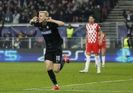 Biereth celebra su decisivo gol al Girona.