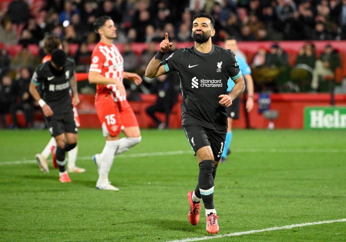 Salah celebra el gol que decidió el duelo ante el Girona.