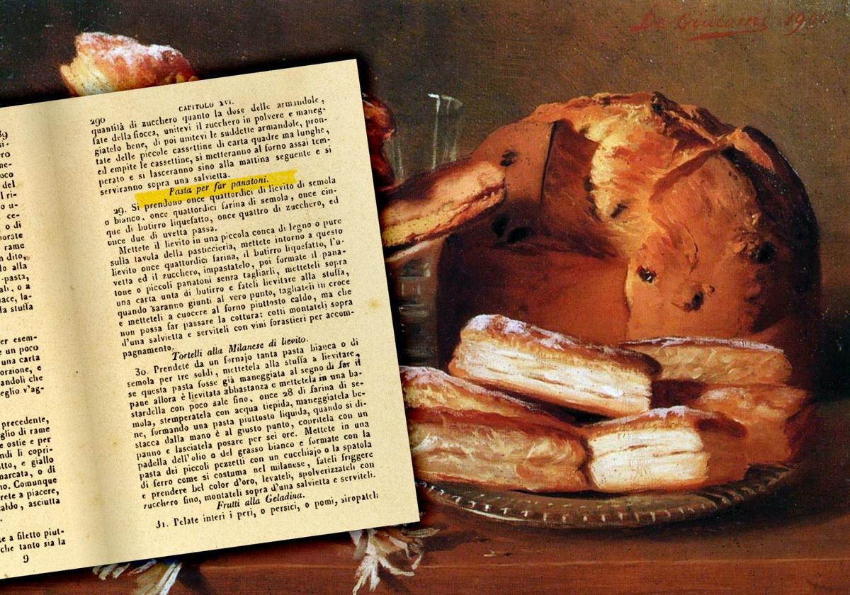 Receta para hacer «panatoni» del 'Nuevo cuoco milanese' (1853) y bodegóńde Eugenio de Giacomi.