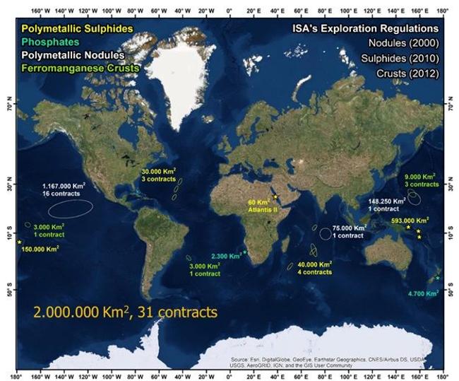 Contratos de exploración de minerales submarinos concedidos por la Autoridad Internacional de los Fondos Marinos (AIFM) en los océanos del mundo que cubren mas de dos millones de kilómetros cuadrados, una extensión similar a la Europa emergida.