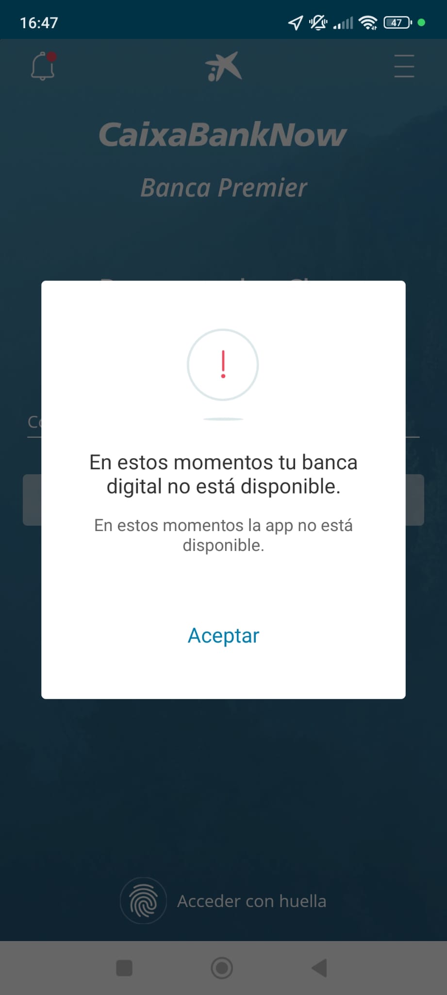 Mensaje que reciben los usuarios de Caixabank al acceder a la app.