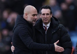 Pep Guardiola y Unai Emery, al término del encuentro en Villa Park