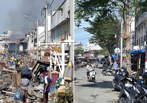 El antes y el después de Banda Aceh, en Indonesia, la zona más afectada por el tsunami de hace dos décadas.