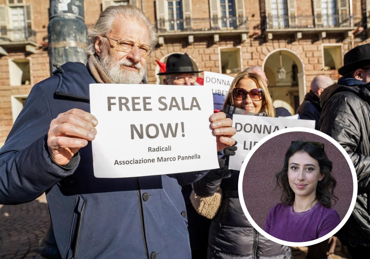 Una manifestación en Turín para pedir la liberación de Cecilia Sala. A la derecha, una imagen de la reportera.