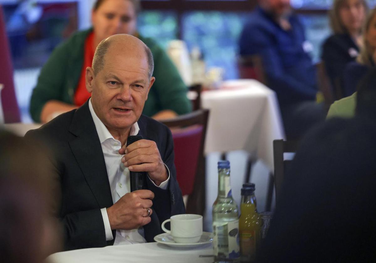 El canciller alemán, Olaf Scholz, en un acto este jueves en la localidad de Colonia.