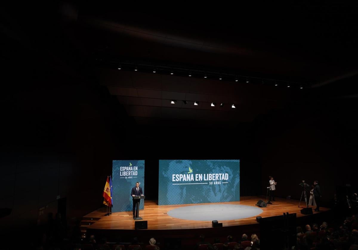 El presidente del Gobierno, Pedro Sánchez, durante el primer acto por el 50 aniversario de la muerte de Franco.