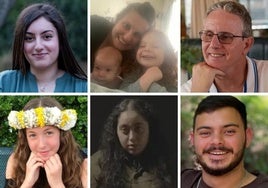 Algunos de los 33 rehenes que serán liberados. De izquierda a derecha: Karina Ariev, la familia Bibas, Ohad Ben-Ami, Liri Albag, Naama Levy y Omer Wenkert.