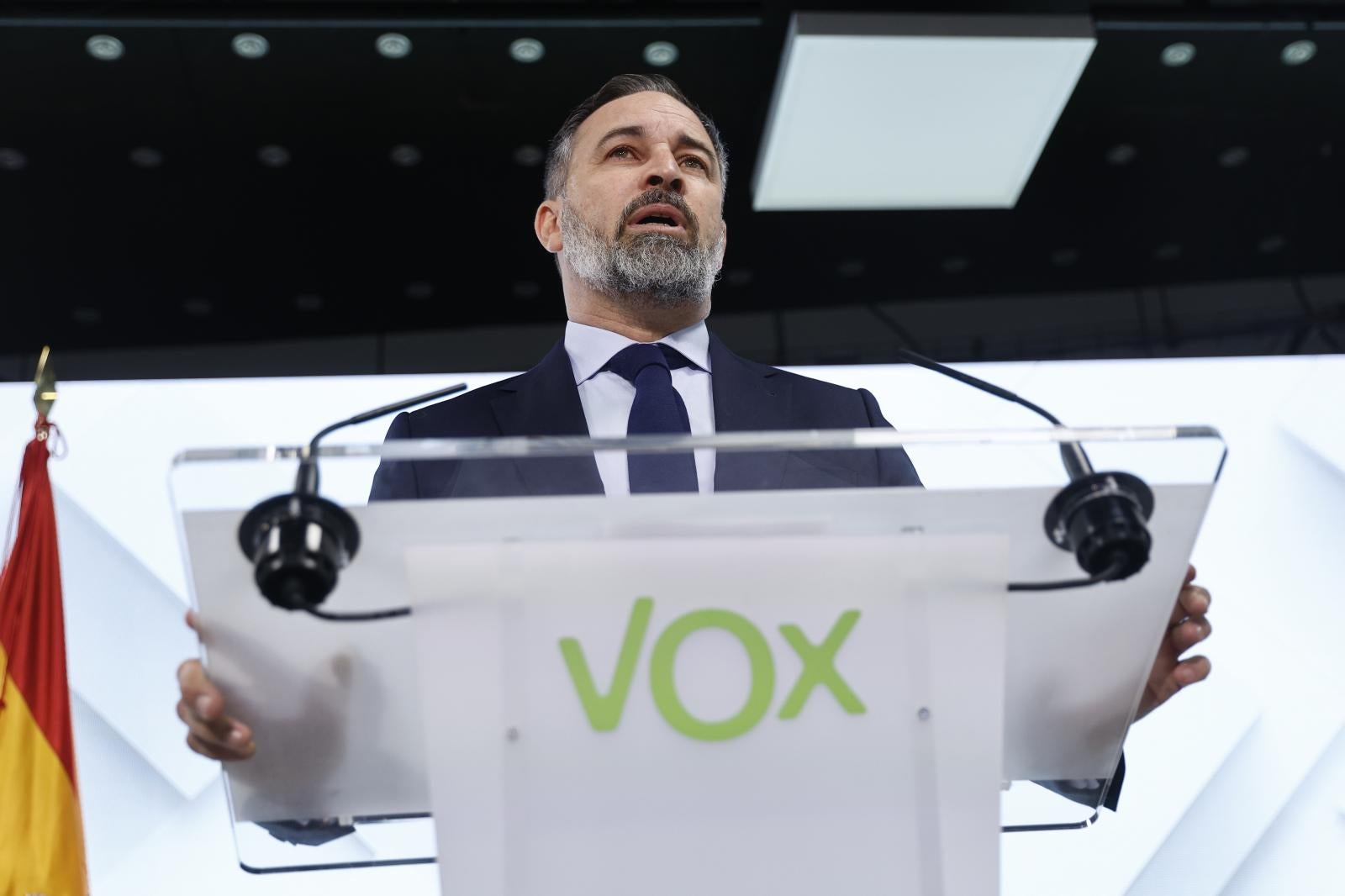 El líder de Vox, Santiago Abascal, en rueda de prensa posterior al Comité de Acción Política celebrado este lunes en la sede del partido, en Madrid