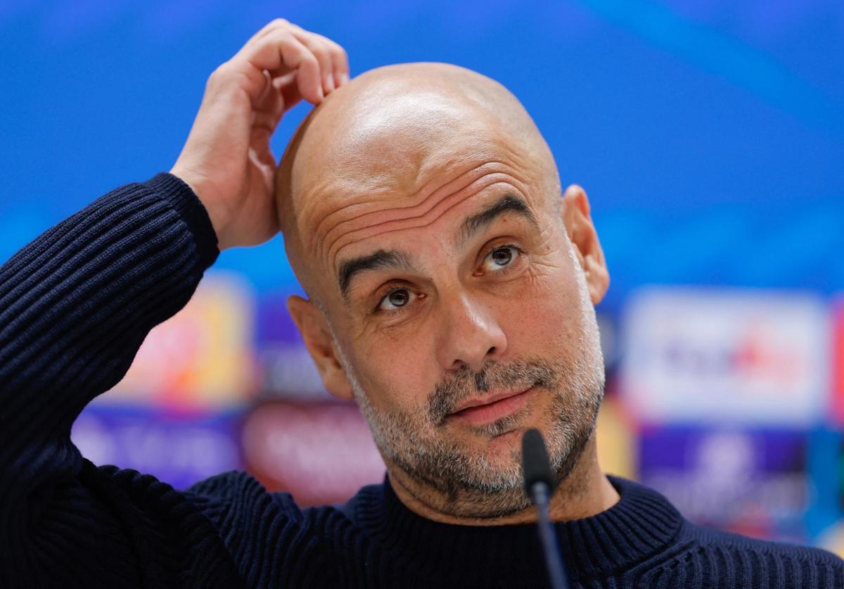 Pep Guardiola during his press conference ahead of the match against Real Madrid at the Bernabéu.
