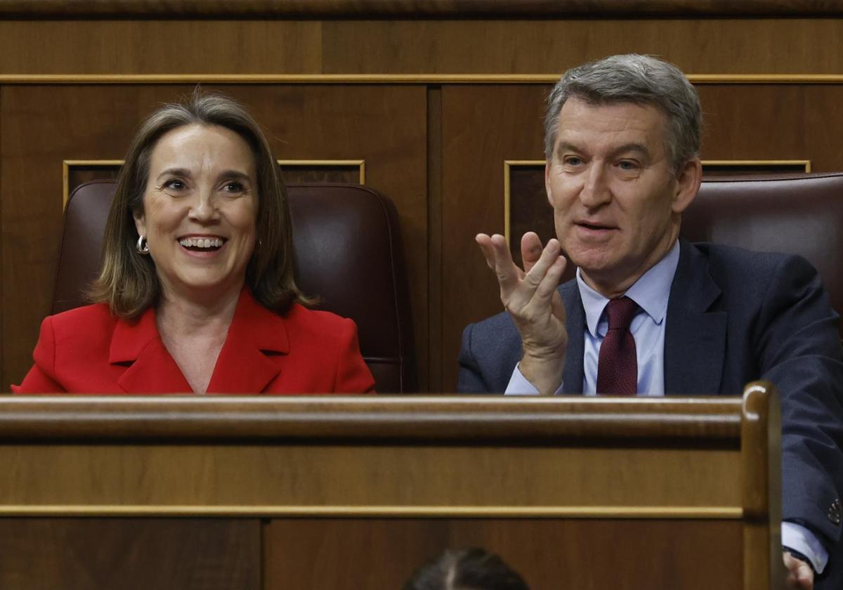 El líder del PP, Alerto Núñez Feijóo y la diputada Cuca Gamarra durante la sesión de control al Gobierno.