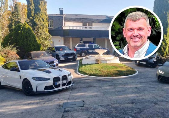 Vivienda con los vehículos deportivos vinculada al grupo criminal y en la foto, el exjefe de la UDEF Óscar Sánchez.