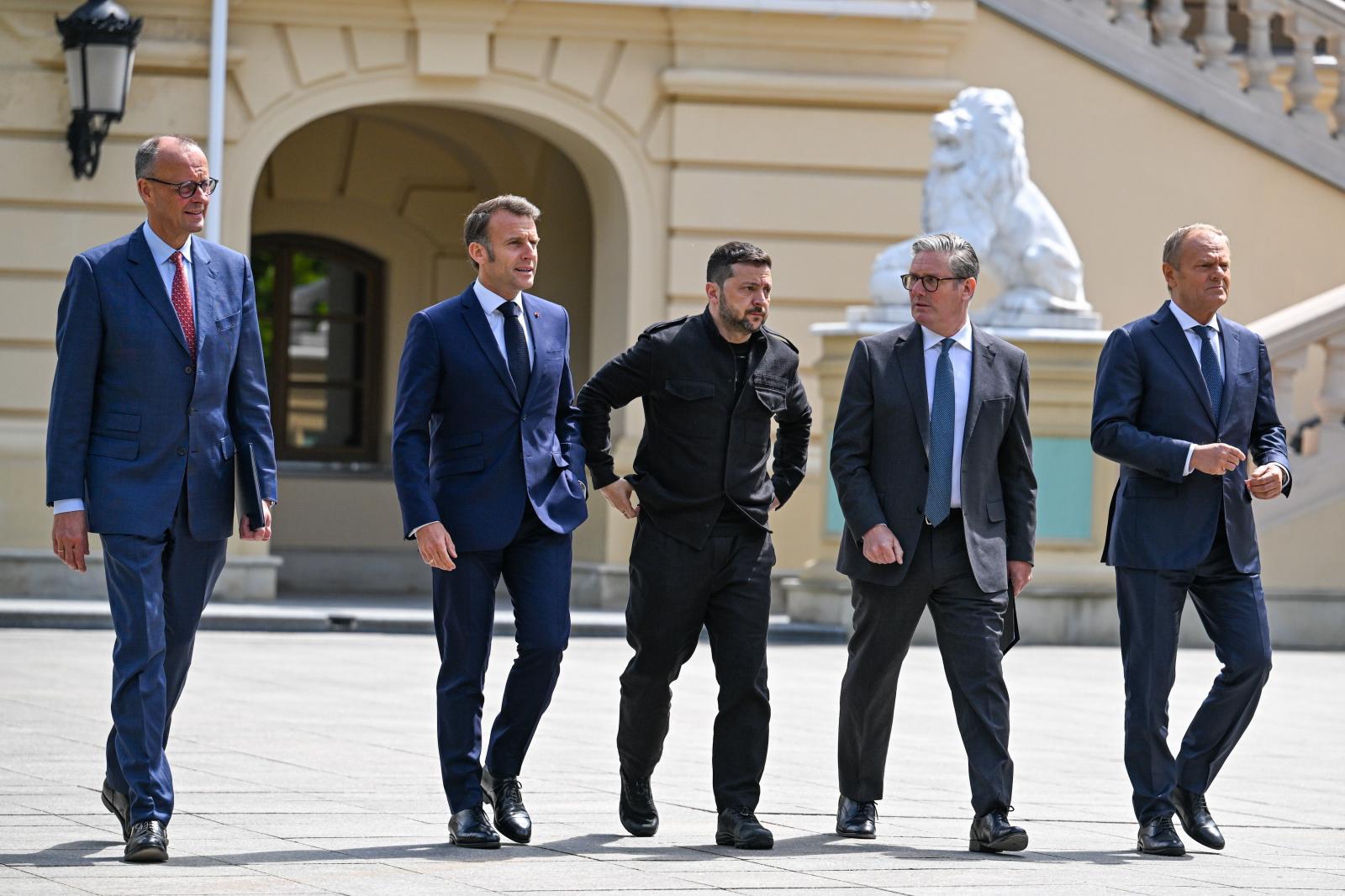 Merz, Macron, Zelenski, Starmer y Tusk al término de su reunión en Kiev.