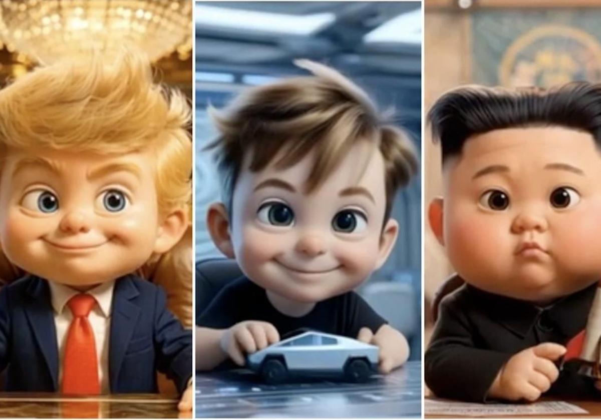 Donald Trump, Elon Musk y Kim Jong-un convertidos en dibujos animados en una serie de propaganda rusa.