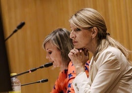 La vicepresidenta segunda, Yolanda Díaz, durante un acto este jueves en el Congreso.