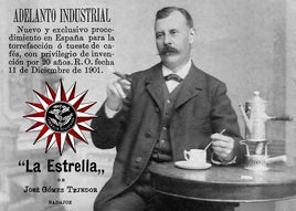 Fotografía de Gómez Tejedor tomando café y publicidad de su marca La Estrella en 1902
