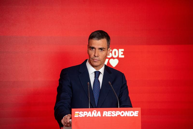 El presidente del Gobierno, Pedro Sánchez, comparece el jueves pasado en la sede del PSOE en la madrileña calle Ferraz.
