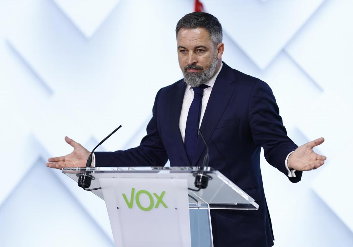 El presidente de Vox, Santiago Abascal, en la sede de Bambú 12, este lunes