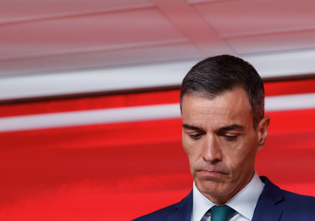 Pedro Sánchez el pasado lunes en su comparecencia en Ferraz tras la primera ejecutiva del PSOE sin Cerdán