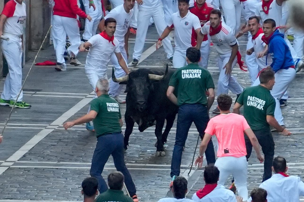 'Caminante' es el toro rezagado que se ha dado la vuelta varias veces y ha intentado empitonar a varios corredores, causando el caos en un emocionante y peligroso segundo encierro de San Fermín 2025.
