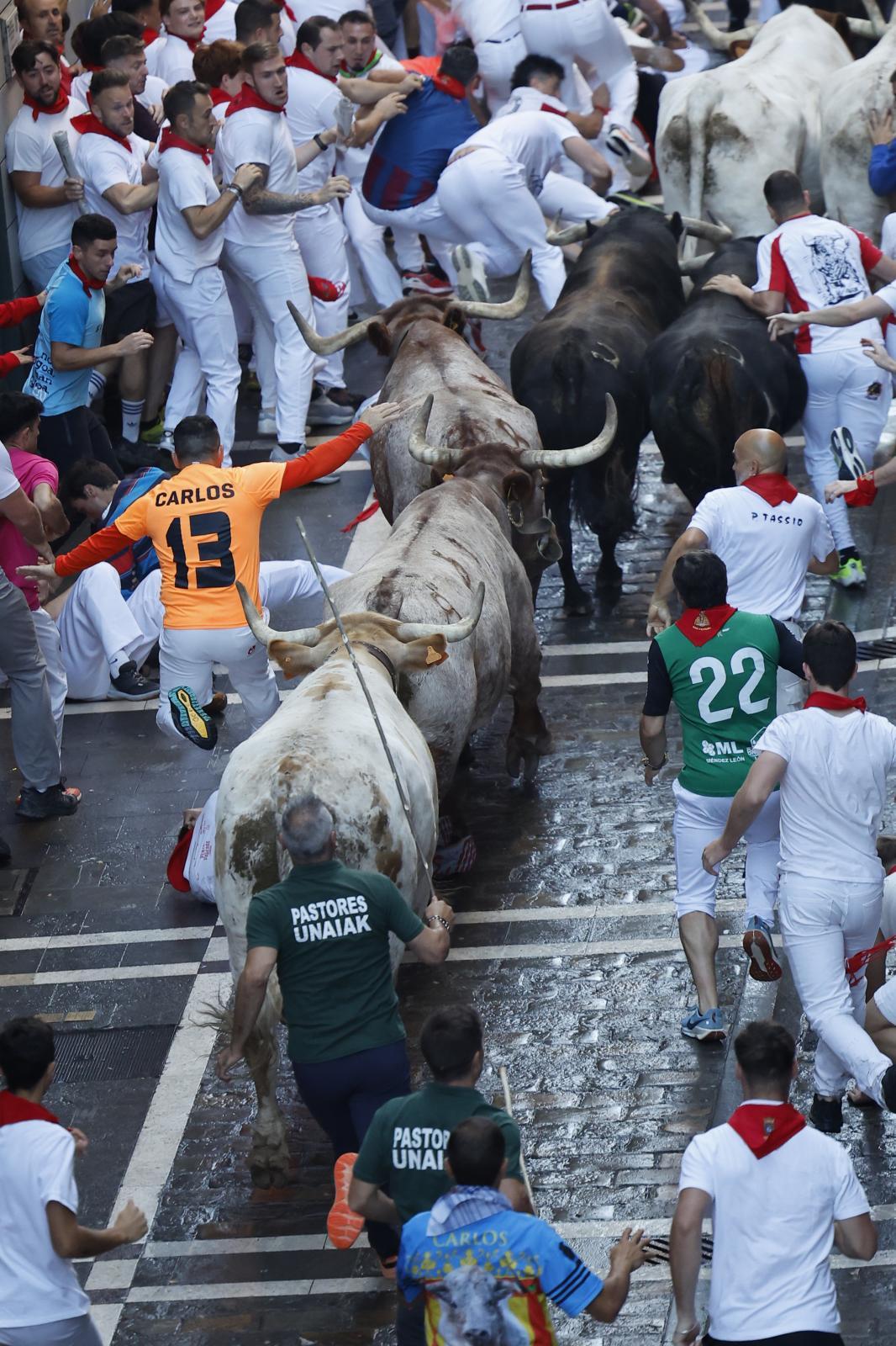 Los mozos son perseguidos por toros de la ganadería gaditana de La Palmosilla durante el séptimo encierro