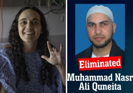 Emily Damari, en un combinación de imágenes con su captor Muhammad Nasr Ali Quneita.