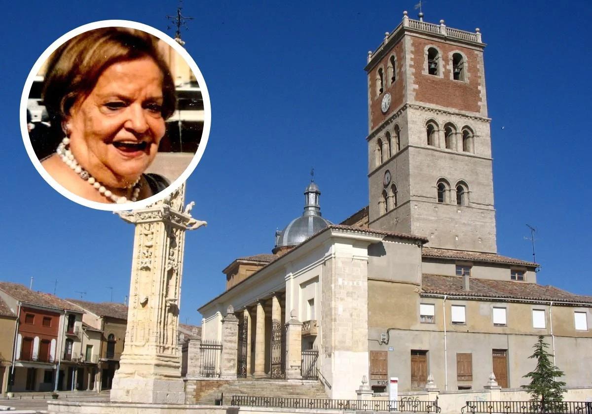 Iglesia de San Miguel, junto al rollo jurisdiccional, de Villalón de Campos. En detalle, Ángela Cruz, la mujer fallecida en mayo que dejó la herencia a la parroquia.