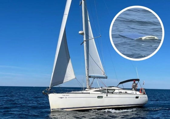 Iñaki, a bordo de su velero. En el círculo, detalle del timón destruido.