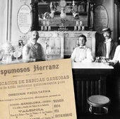'Soda fountain' o establecimiento de refrescos en EEUU (1899) y anuncio de Espumosos Herranz (misma época).