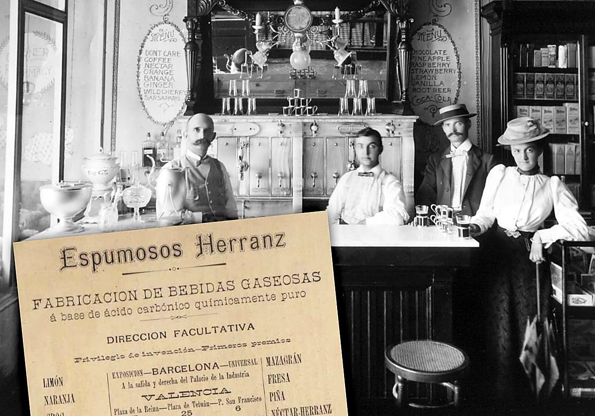 'Soda fountain' o establecimiento de refrescos en EEUU (1899) y anuncio de Espumosos Herranz (misma época).