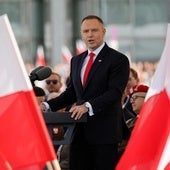 El nuevo presidente de Polonia, Karol Nawrocki, durante su discurso de investidura.