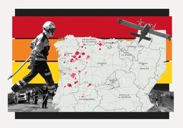 Lucha contra el fuego en el incendio que calcina Oimbra (Ourense).