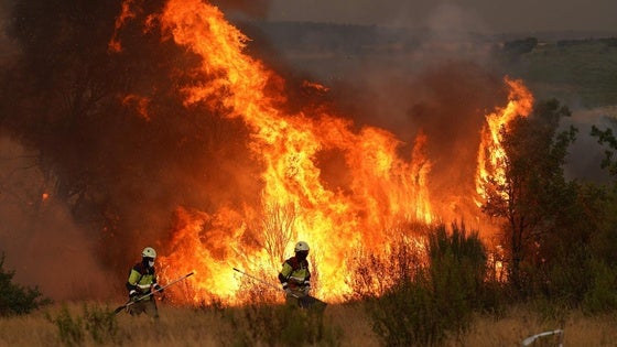 Bomberos trabajan para apaciguar el fuego.