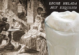 Vaso de leche merengada y escena de botillería según un grabado de Josep Llovera (s. XIX).