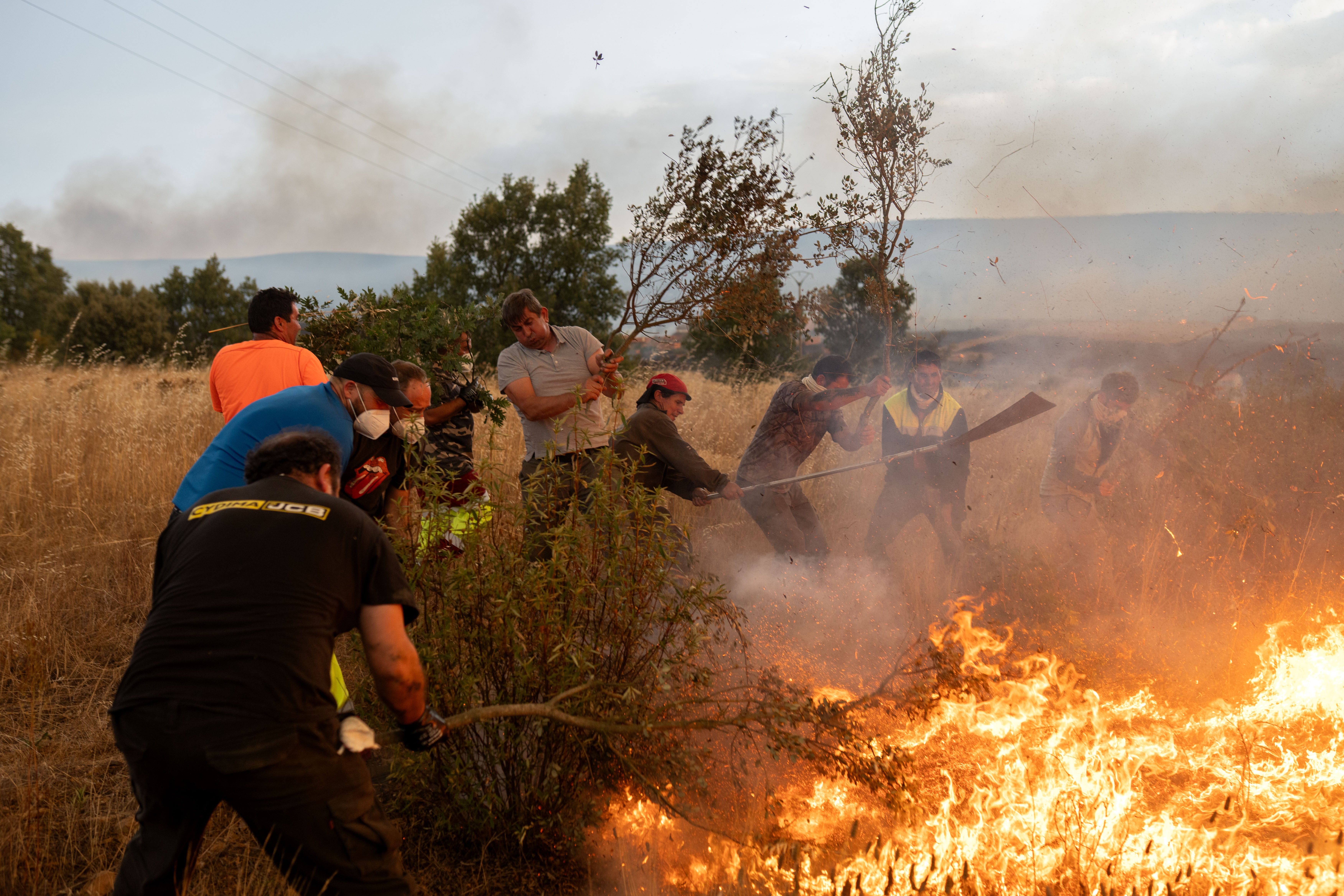 Varias personas tratan de apagar el fuego en Abejera, Zamora.