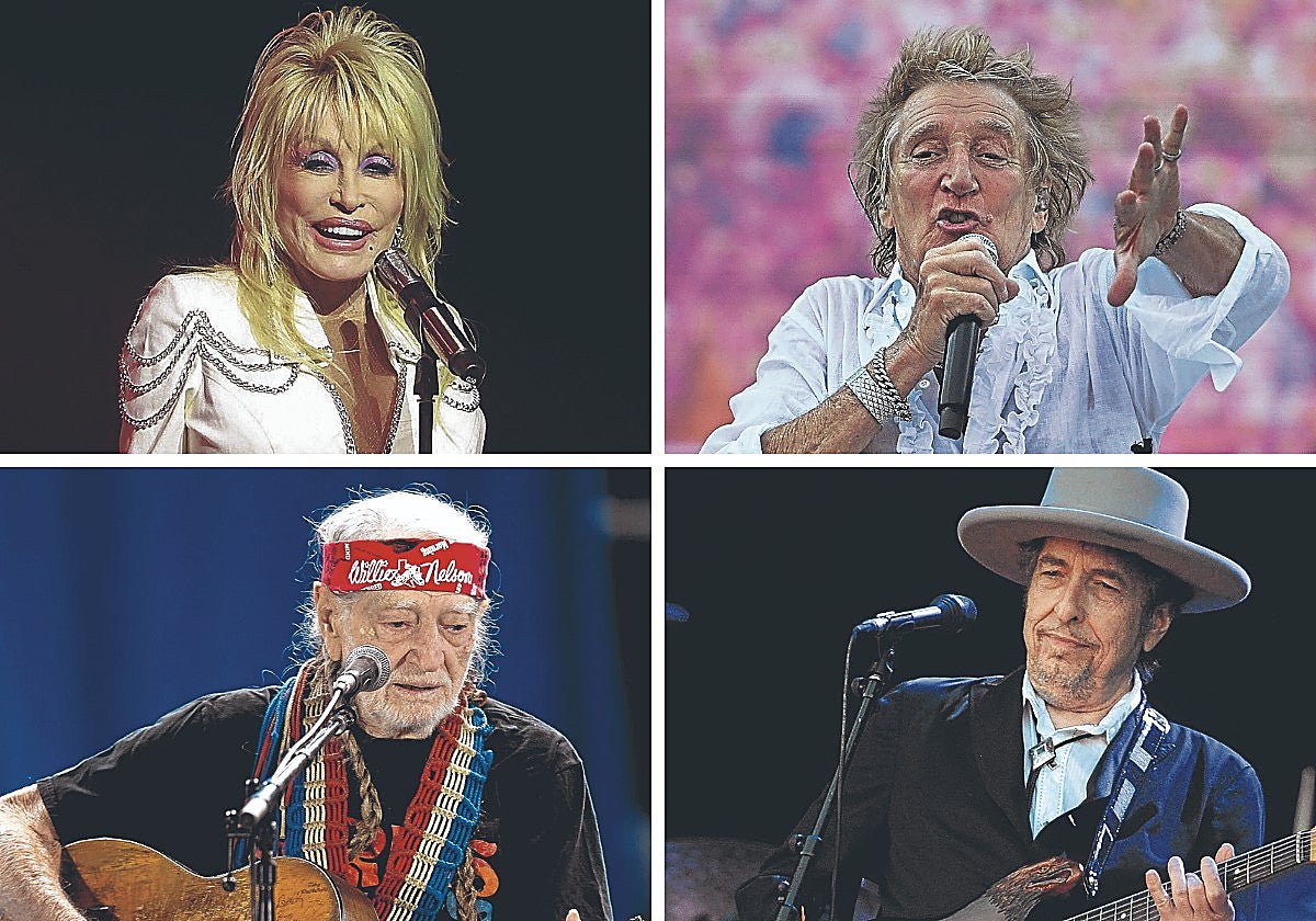 Veteranos. Dolly Parton, 79 años; Rod Stewart, 80 años; Willie Nelson, 92 años, y Bob Dylan, 84 años