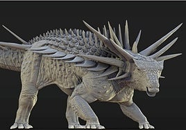 Recreación artística del spicomellus afer, cubierto de púas, algunas fusionadas con el esqueleto del animal.