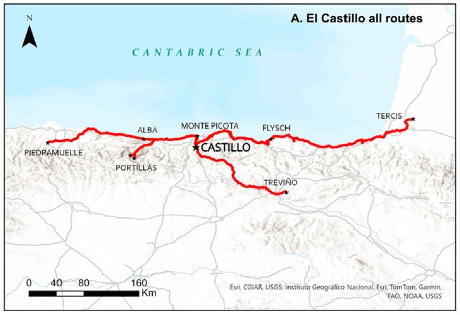 El Castillo y las posibles rutas que unían la cueva con los puntos de abastecimiento de sílex.