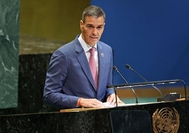 Pedro Sánchez en la Conferencia de la ONU para la solución de dos Estados celebrada este lunes en Nueva York