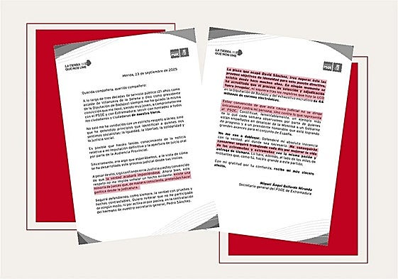 Carta enviada por Miguel Ángel Gallardo, secretario general del PSOE de Extremadura, a los militantes.