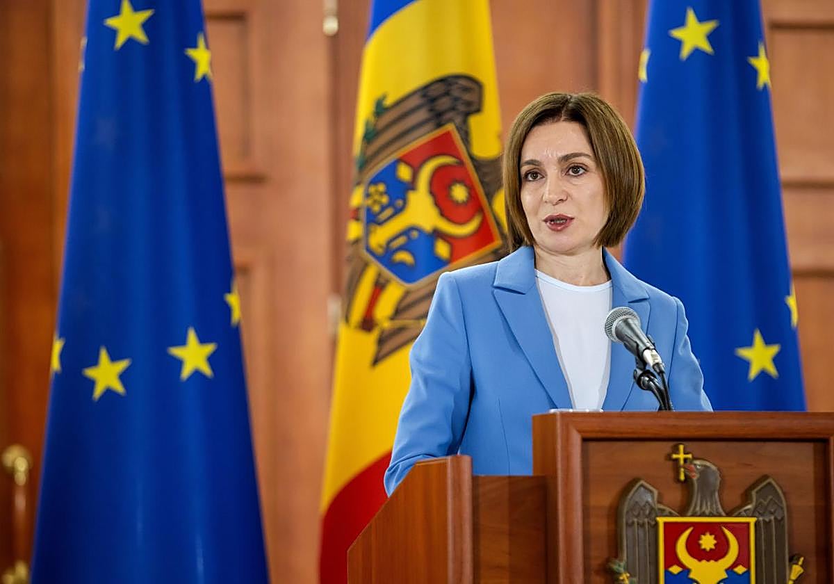 La presidenta moldava, Maia Sandu, en una conferencia de prensa este lunes en Chisinau.