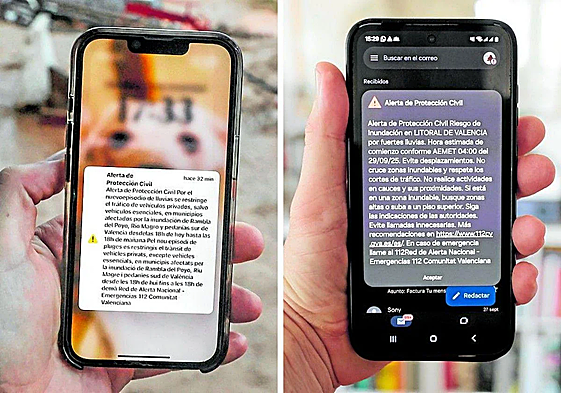A la izquierda la alerta enviada en la dana del 29 de octubre de 2014. A la derecha, la del pasado domingo 28 de septiembre.