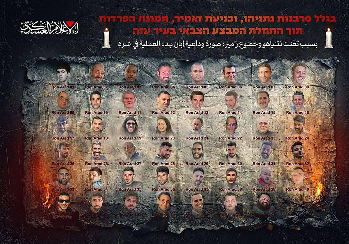 El grupo islamista Hamás difundió esta semana una imagen de propaganda psicológica en la que muestra a 46 de los 48 rehenes que quedan en Gaza.