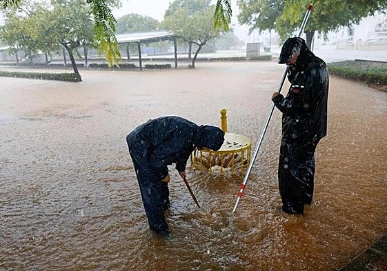 Unos operarios facilitan el drenaje del agua a través de una alcantarilla en Almussafes.